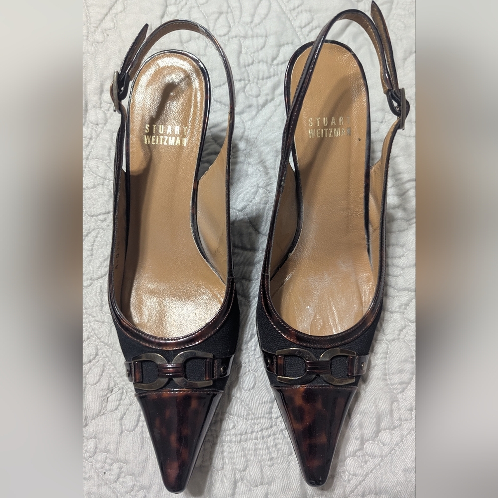 Vintage STUART WEITZMAN Black & Tortoise Patent Captoe Slingback